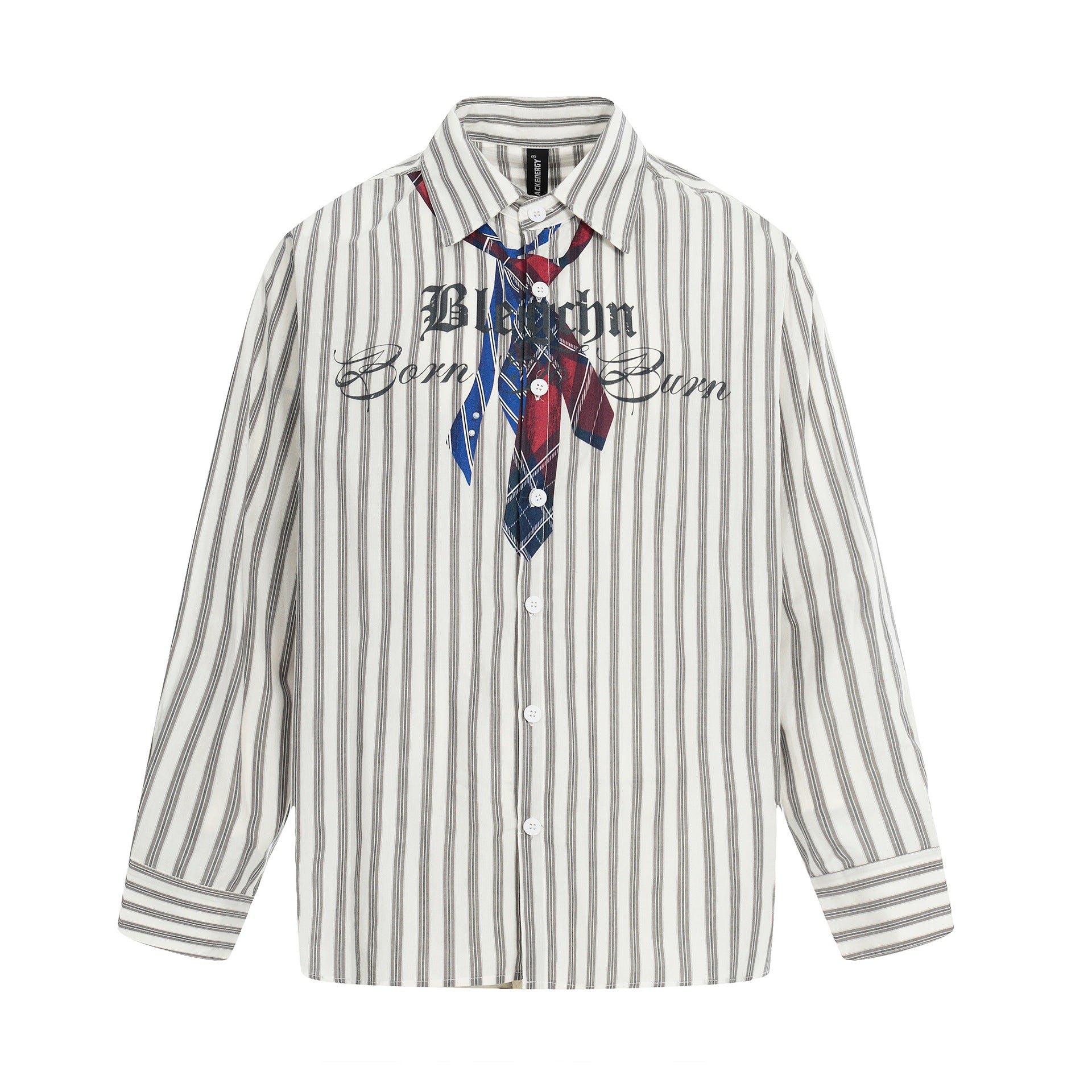 Women Oversize Shirt with Vertical Stripes, Tie Print and Vintage Inscription Chichicherry