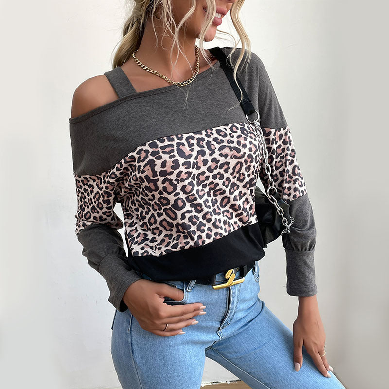 Women's Casual Off-Shoulder Sweater with Leopard Print, Contrast Blocks and Spaghetti Straps Chichicherry