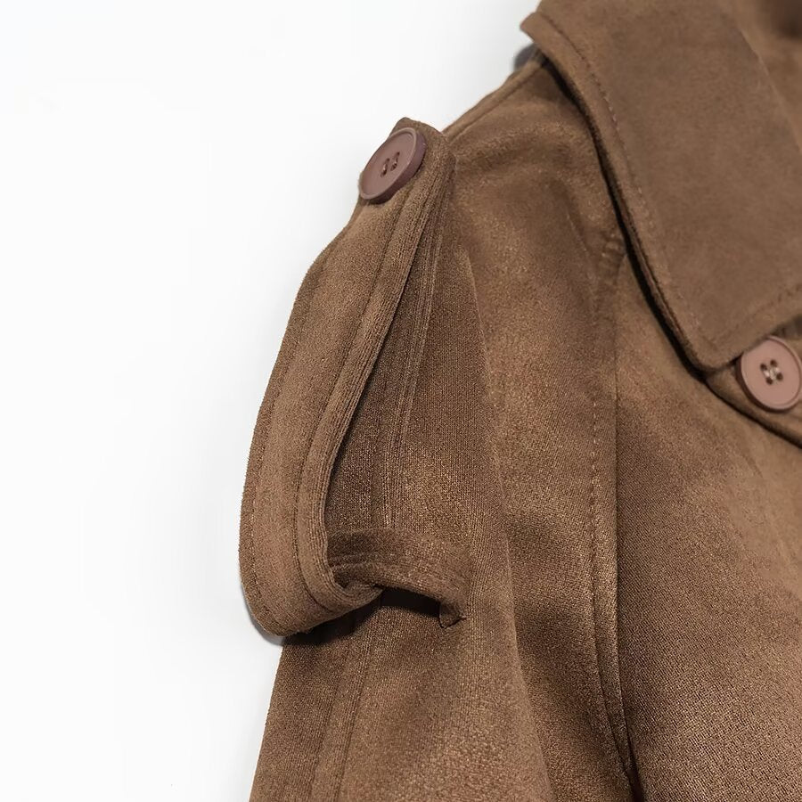 Women's Elegant Long Waist Trench Coat with Double-Breasted Button Placket and Flared Hem Chichicherry