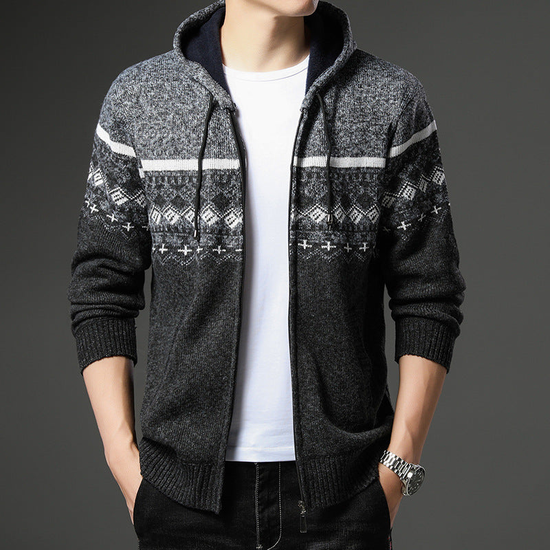 Men's Knit Zip Hoodie with Norwegian Pattern, Hood and Side Pockets Chichicherry