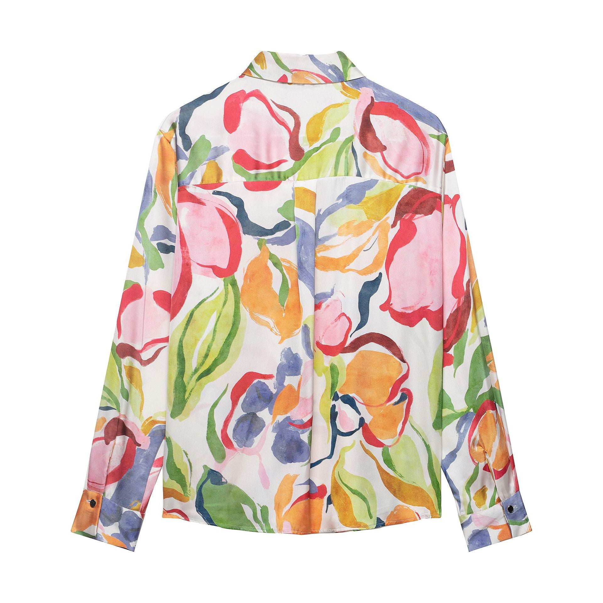 Women Silk-imitate Blouse with Watercolor Print and Shirt Collar Chichicherry