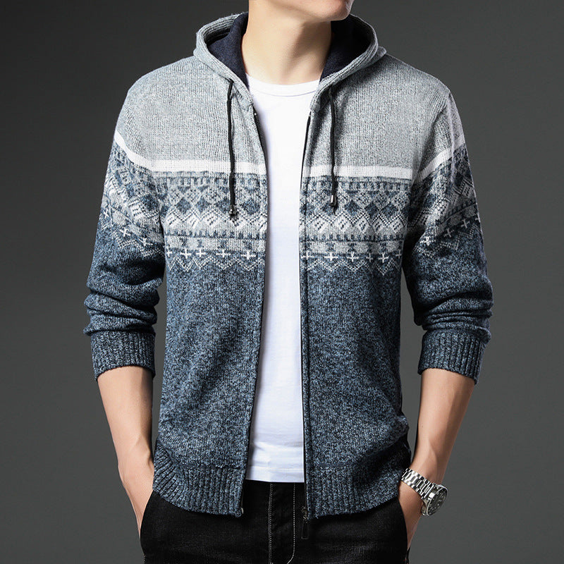 Men's Knit Zip Hoodie with Norwegian Pattern, Hood and Side Pockets Chichicherry
