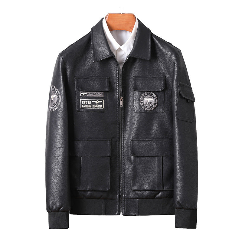 Men's faux leather field bomber jacket in pilot style with patch appliqués and front flap pockets Chichicherry