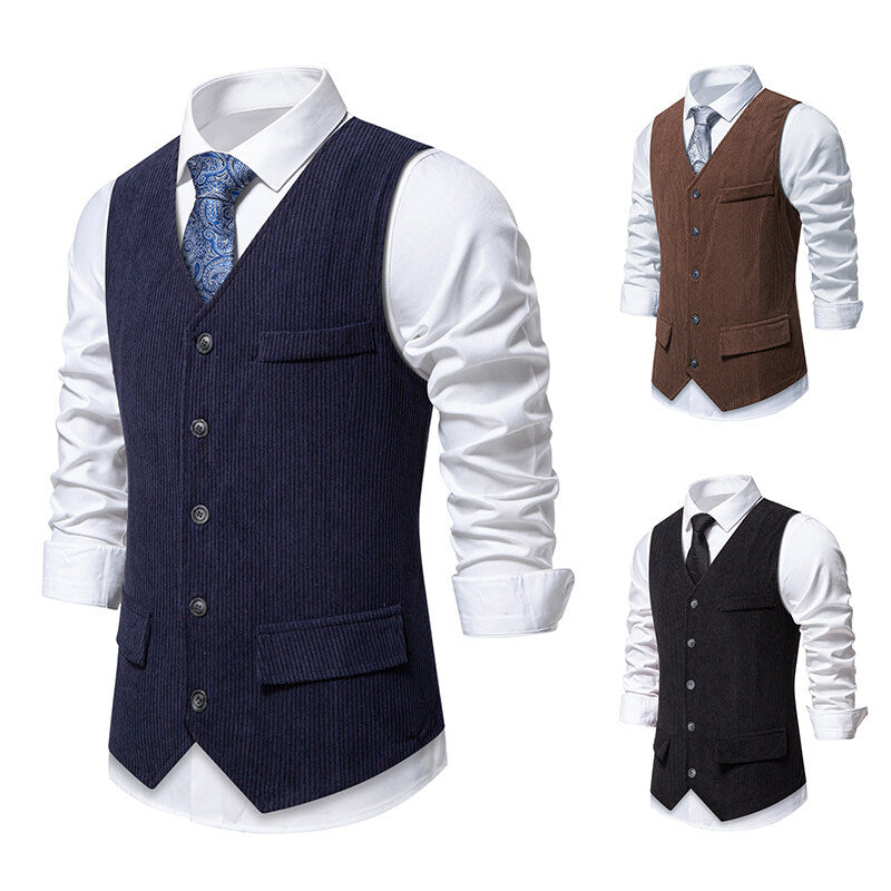 Men's Tailored Business Waistcoat made of Structured Fabric with V-Neck and Decorative Buttons Chichicherry