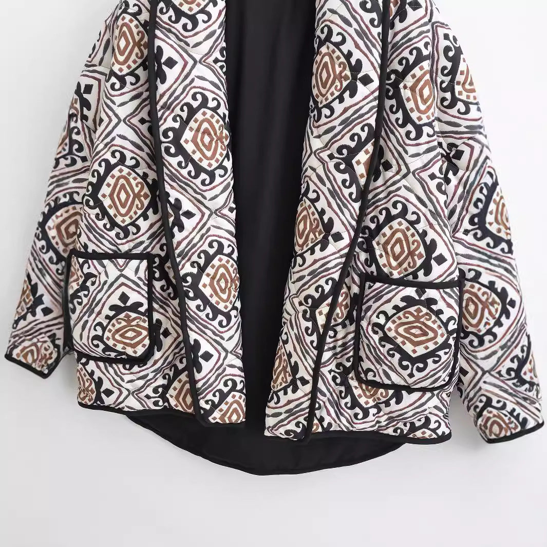 Women's Quilted Kimono Jacket with Ethno Print, Contrast Piping and Patch Pockets Chichicherry