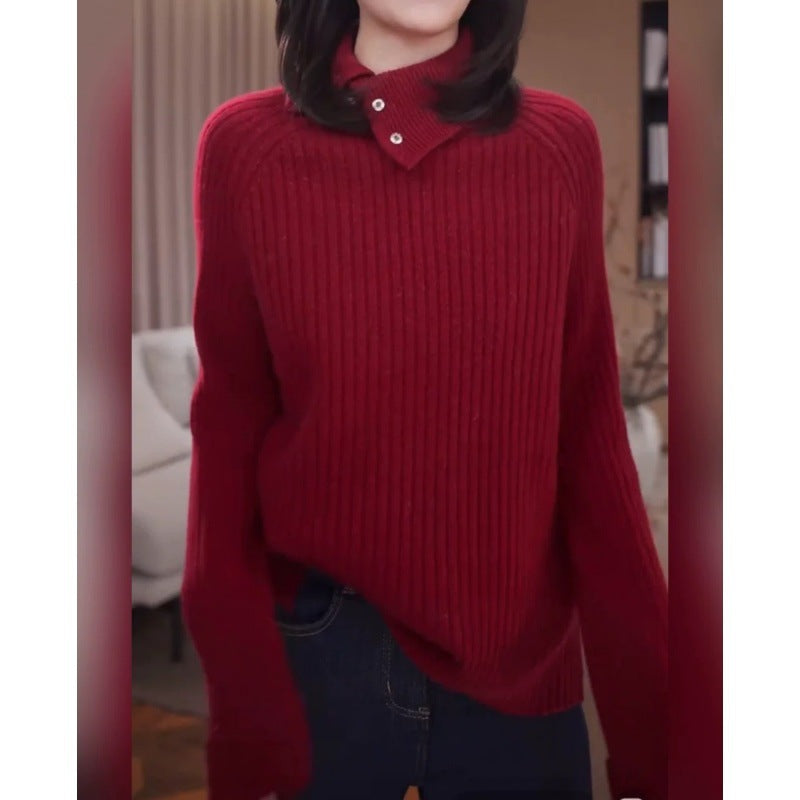 Women's turtleneck sweater with snap button placket and fine ribbed texture Chichicherry