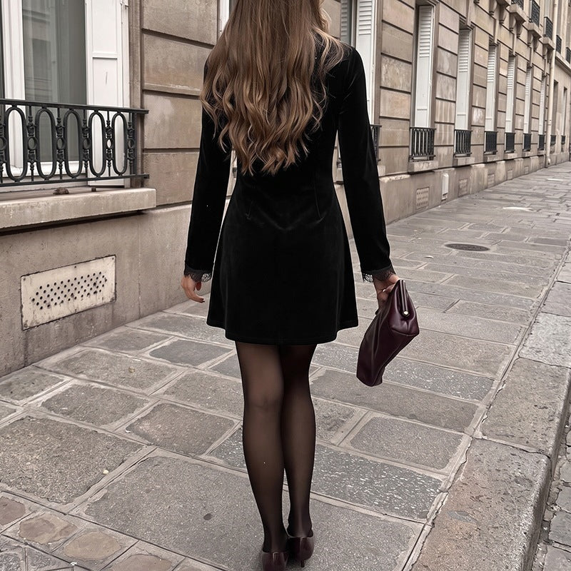 Women's Velvet Mini Dress with Lace Trim, V-Neck and Trumpet Sleeves Chichicherry
