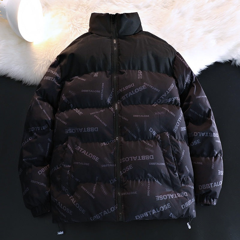 Unisex Padded Quilted Jacket with Allover Logo Print, High Stand-Up Collar & Adjustable Hem Chichicherry