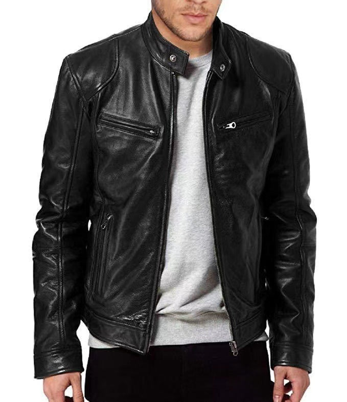 Men's Vegan Leather Blouson with Stand-up Collar