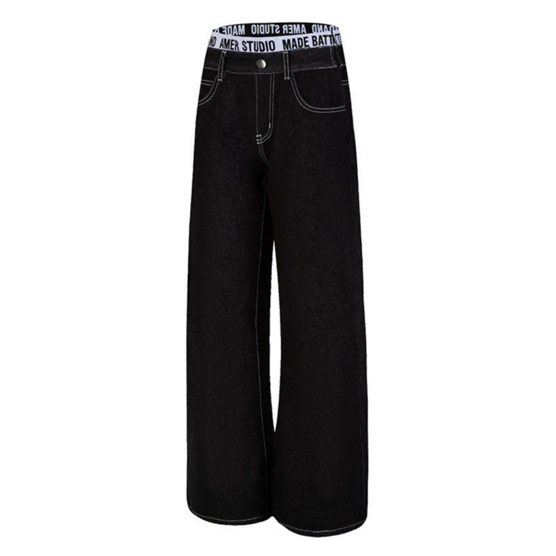 Women Wide High-Waist Denim Pants with Logo Elastic Waistband and Palazzo Silhouette Chichicherry