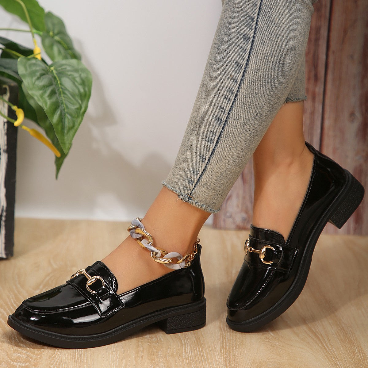Ladies Patent Leather Platform Loafer with Gold Horsebit Detail and Low Block Heel Chichicherry
