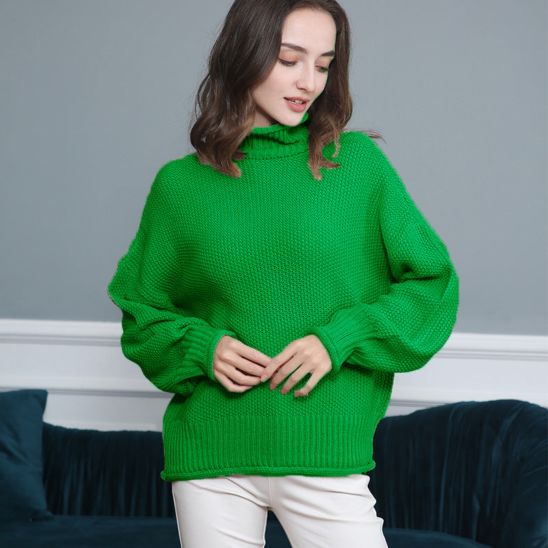 Women's Chunky Knit Turtleneck Sweater with Balloon Sleeves Chichicherry