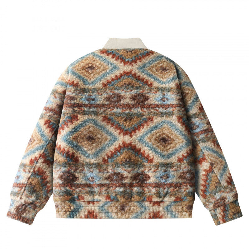 Unisex Boxy Fleece Bomber Jacket with Aztec Pattern and Zipper Chichicherry