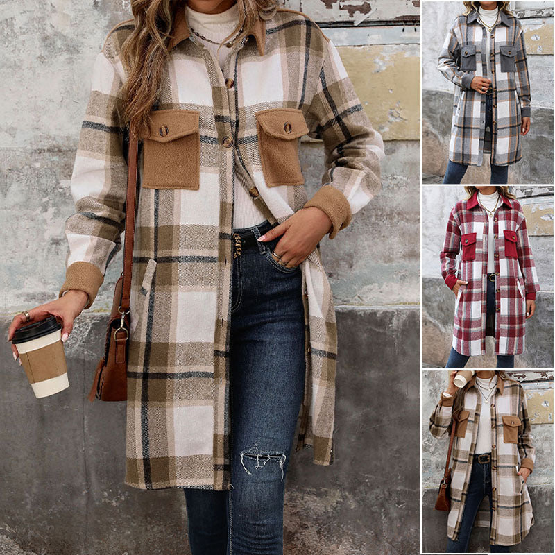 Women's long overshirt jacket in checkered flannel look with patch pockets Chichicherry
