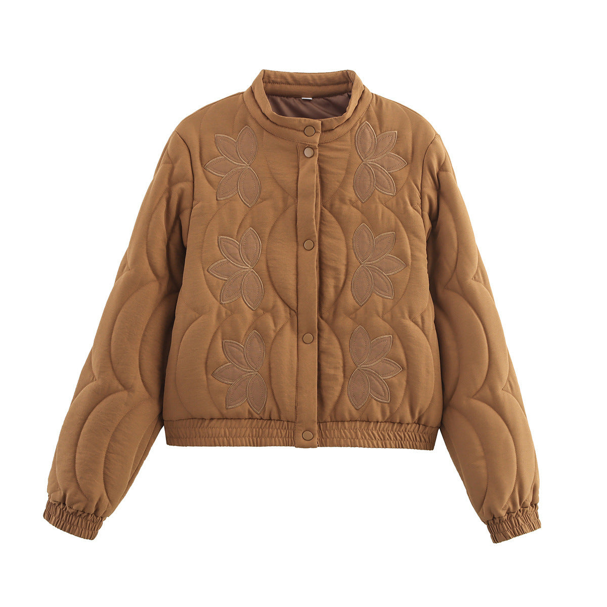 Women Short Quilted Blouson with Floral Quilted Application, Stand-up Collar and Elastic Waistband Chichicherry