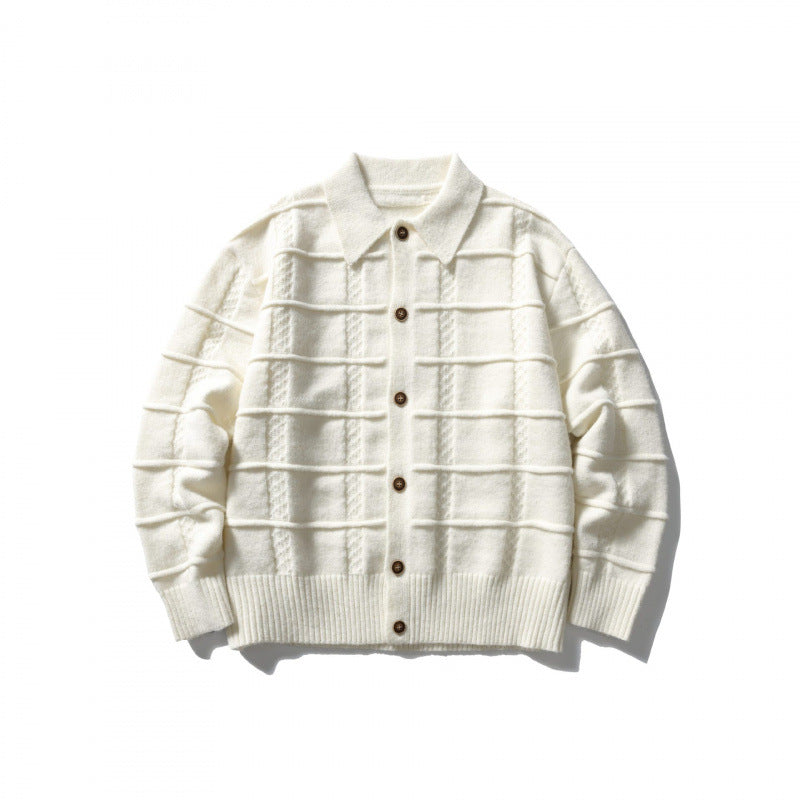 Unisex Boxy Cardigan with Shirt Collar and Structured Check Pattern Chichicherry