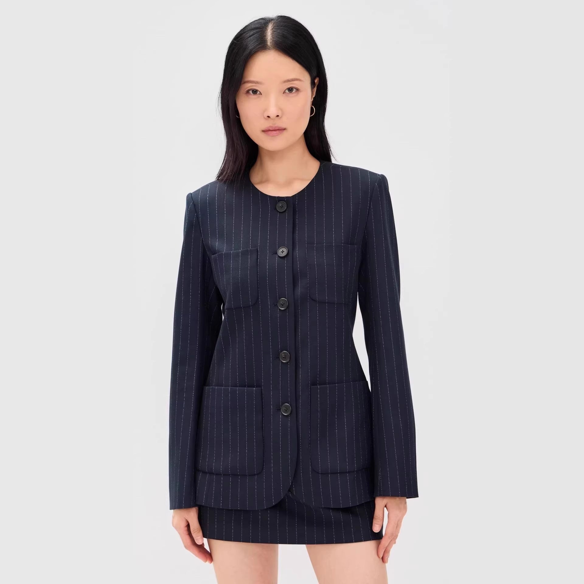 Women Two-Piece Pinstripe Tailoring Set with Collarless Blazer and High-Cut Mini Skirt Chichicherry