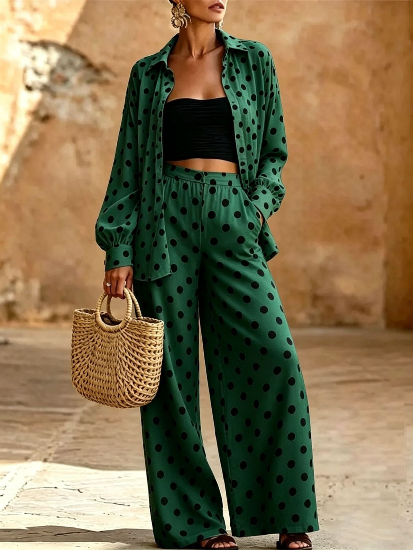 Women's Two-Piece Polka Dot Loungewear Set with Loose Shirt and Palazzo Pants Chichicherry