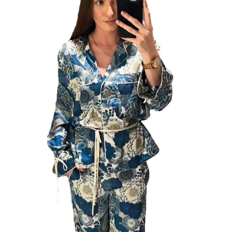 Women Two-Piece Floral Jacquard Loungewear Set with Waist Belt, Piping and Tied Sleeves Chichicherry
