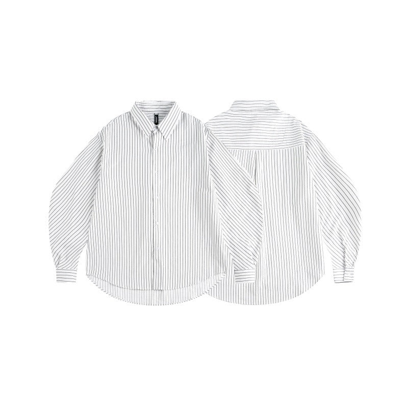 Women's oversized shirt blouse with fine pinstripes, balloon sleeves, and rounded hem.