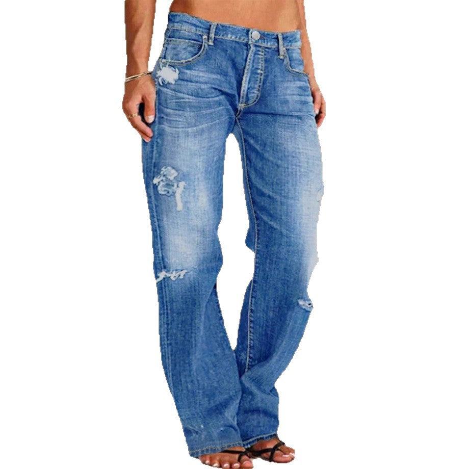 Women's casual loose denim pants in baggy style with distressed rips Chichicherry