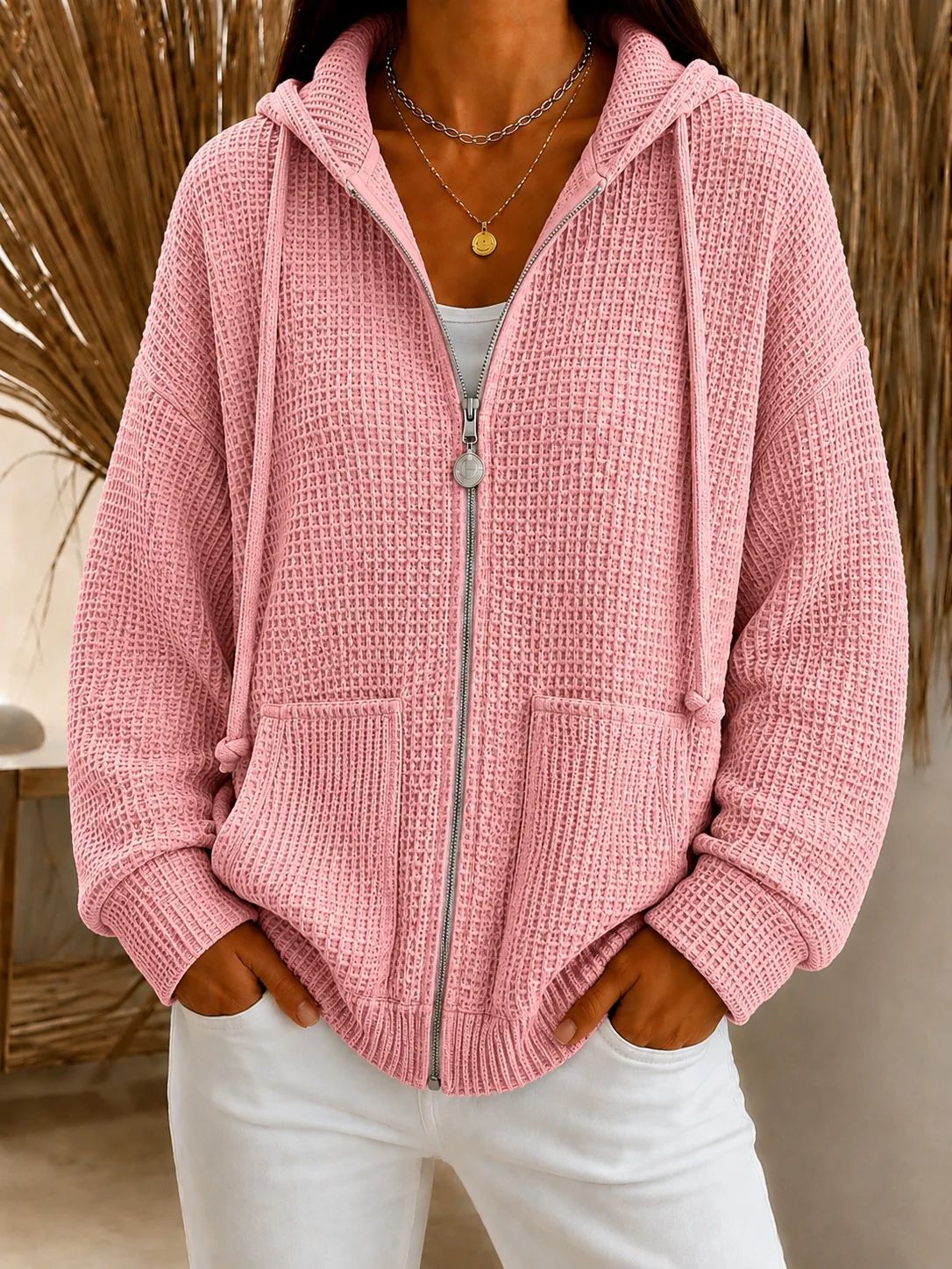 Women's Oversized Waffle Knit Zip Hoodie with Patch Pockets Chichicherry