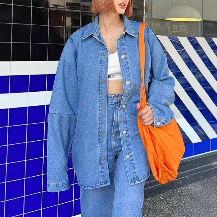 Women's Oversized Denim Shirt Jacket in Co-Ord Look with Loose Fit Chichicherry