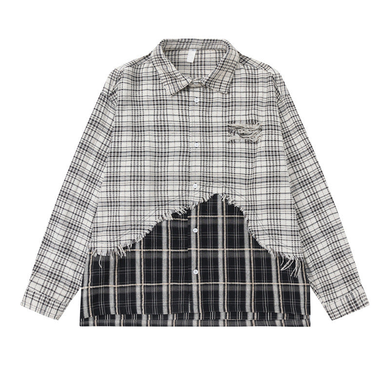 Unisex Oversized Shirt Jacket with Layered Look, Frayed Hem and Check Mix Chichicherry