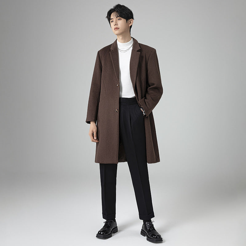 Men's Elegant Longline Wool Coat with Minimalist Lapel and Tailored Silhouette Chichicherry
