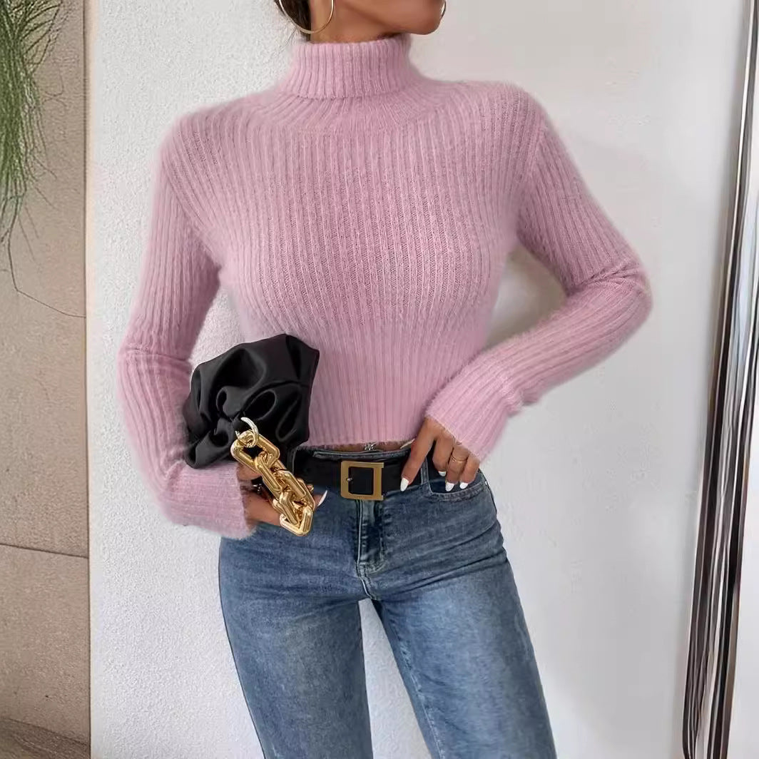 Women's Short Ribbed Turtleneck Sweater with Fluffy Mohair Look Chichicherry