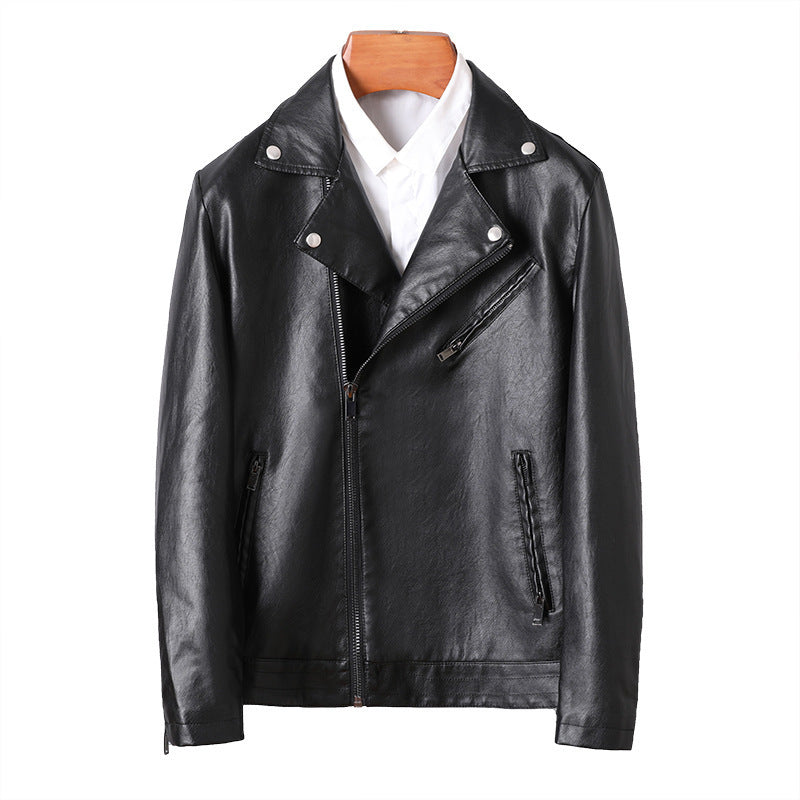 Men's Slim-Fit Faux Leather Moto Jacket with Asymmetrical Zipper and Clean Notched Lapel Chichicherry