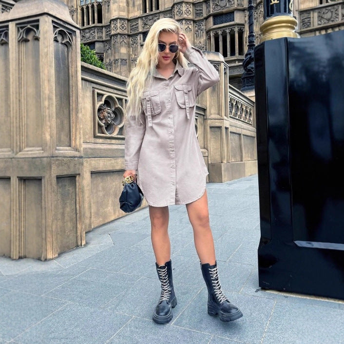 Women Oversized Shirt Dress with Flap Pockets and Curved Hem Chichicherry