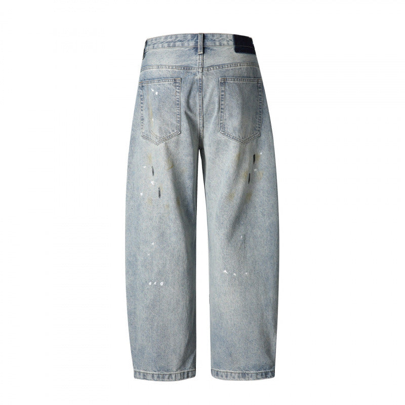 Men's Loose-Fit Vintage Denim Pants with Used Effect, Paint-Splatter and Distressed Details Chichicherry