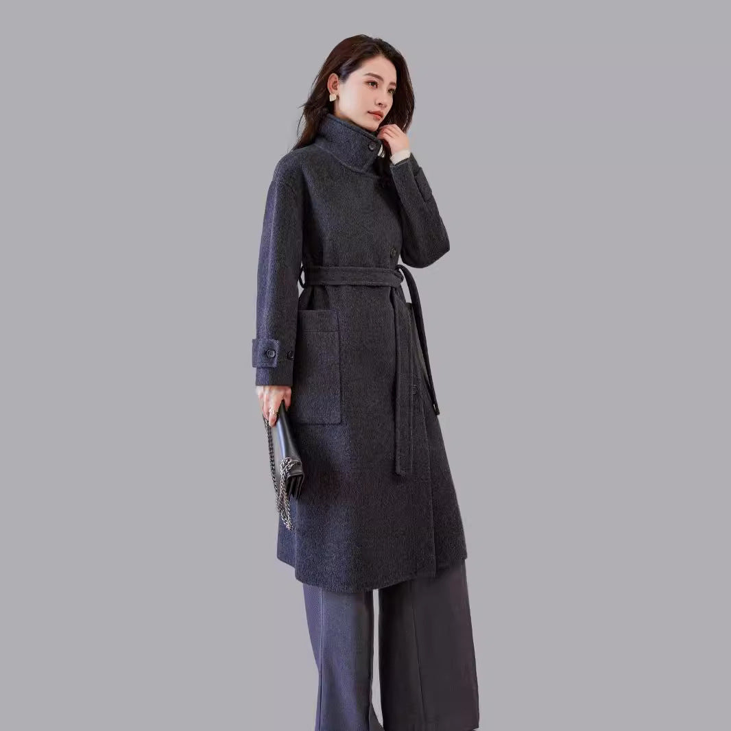 Women's Oversized Wool Coat with Belt and Wide Lapels Chichicherry