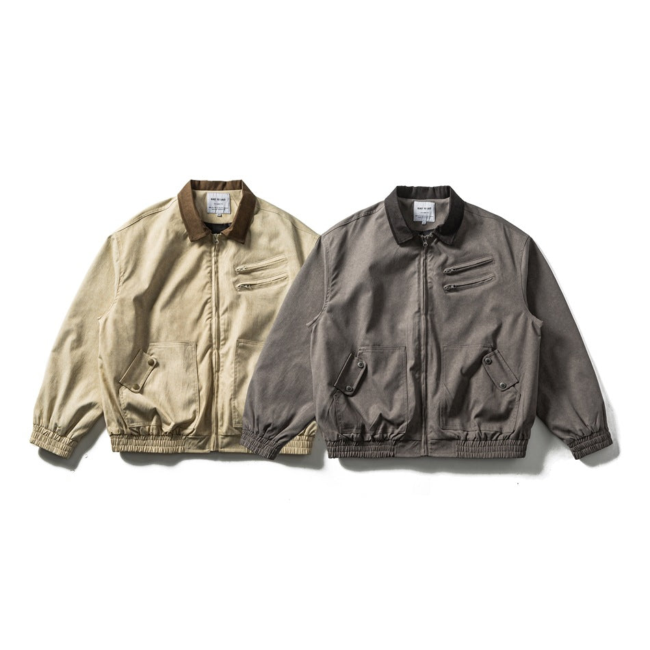 Men's Boxy Canvas Blouson Jacket in Utility Look with Cord Collar and Zip Chest Pockets Chichicherry