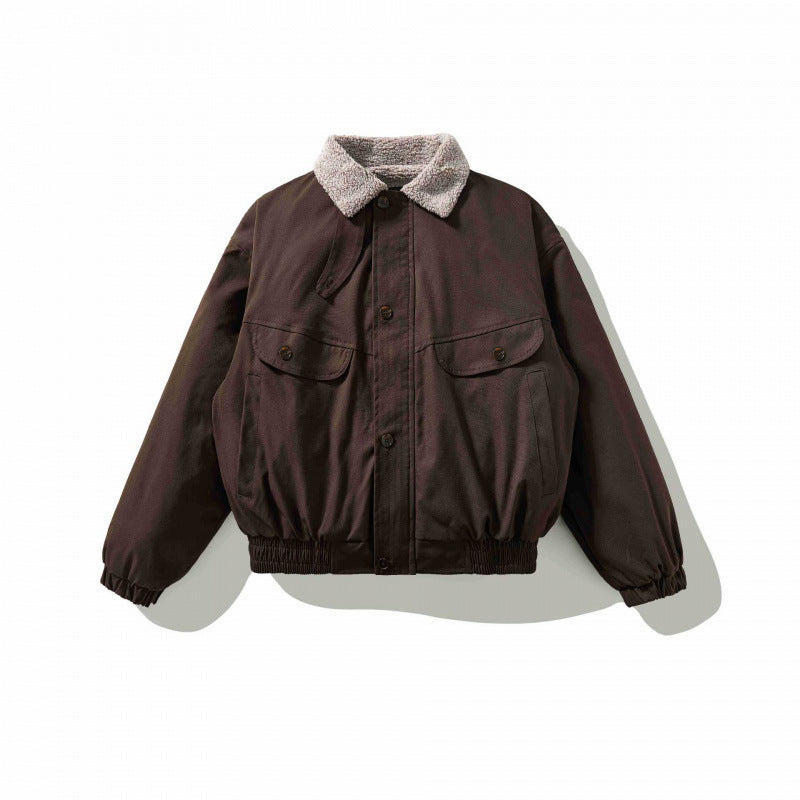 Men's Boxy Utility Bomber Jacket with Sherpa Collar and Concealed Snap Placket Chichicherry