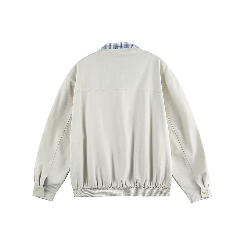 Unisex Lightweight Zip-Over Jacket in Boxy Cut with Check Collar and Elastic Hem Chichicherry