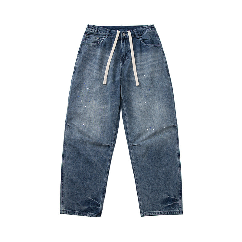 Women's Loose-Fit High-Waist Jeans with Drawstring, Color-Splatter and Vintage Wash Chichicherry