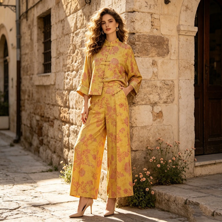 Women Two-Piece Jacquard Set with Stand Collar and Knot Closures Chichicherry