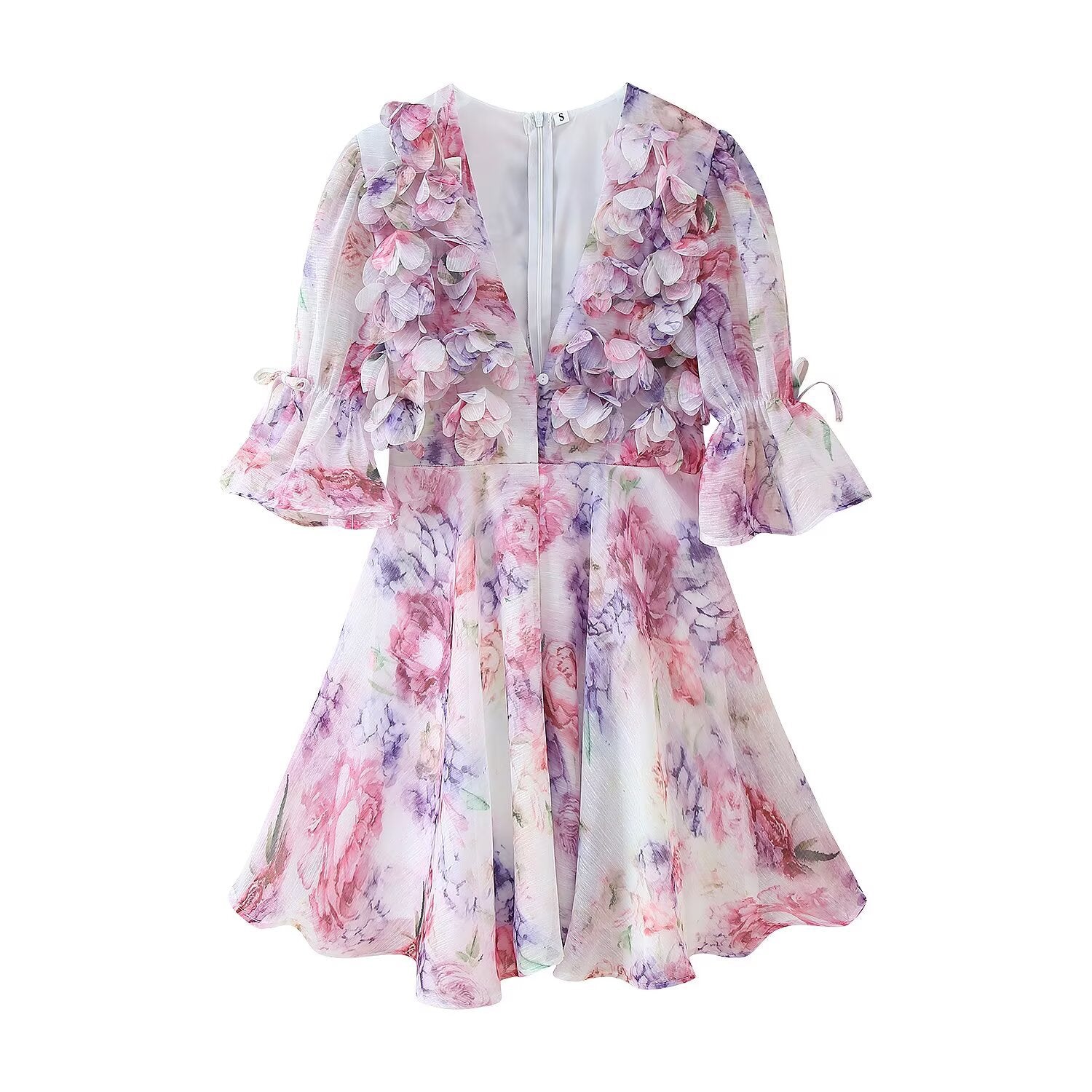 Ladies Romantic Pleated Chiffon Mini Dress with Deep V-Neck and Ruffle Puff Sleeves Chichicherry