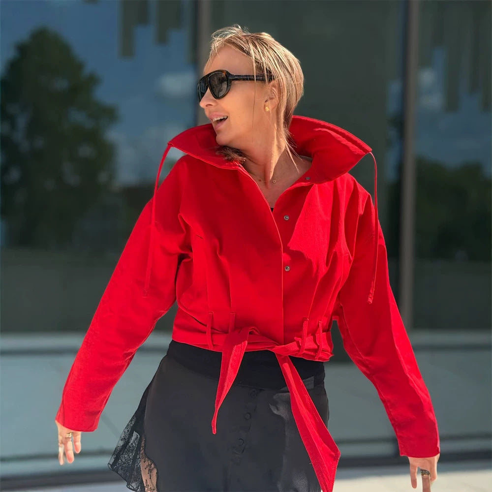 Women's Oversize Short Jacket with Waist Belt and Shirt Collar Chichicherry