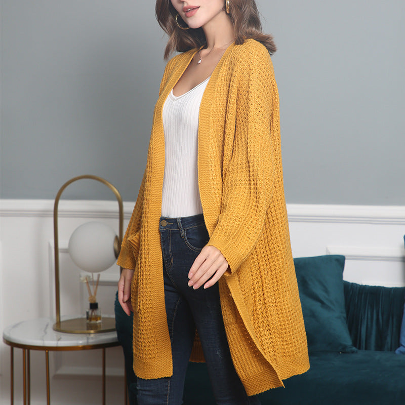 Women Long Oversize Knit Coat with Open Front and Patch Pockets Chichicherry