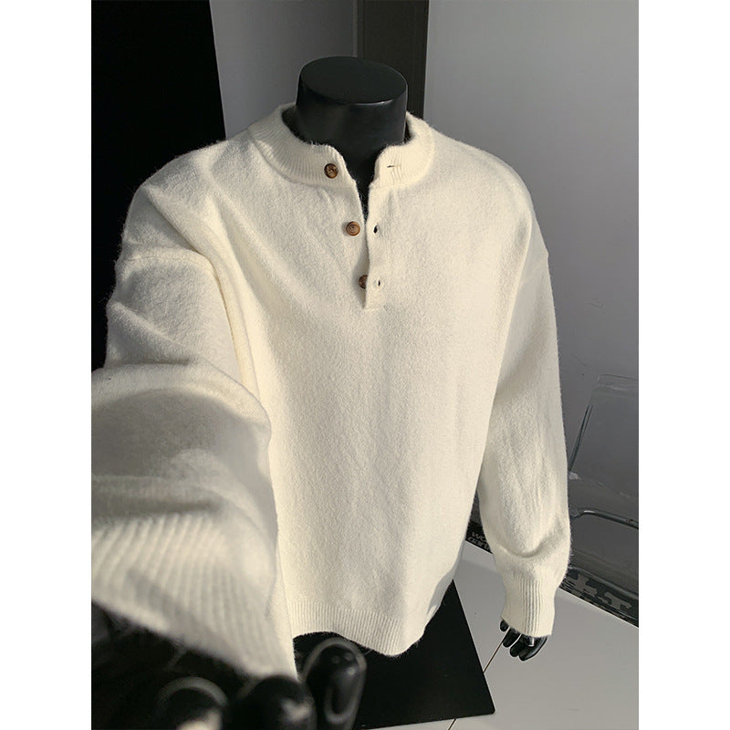 Men's Oversized Knit Sweater with Henley Collar and Half Button Placket Chichicherry