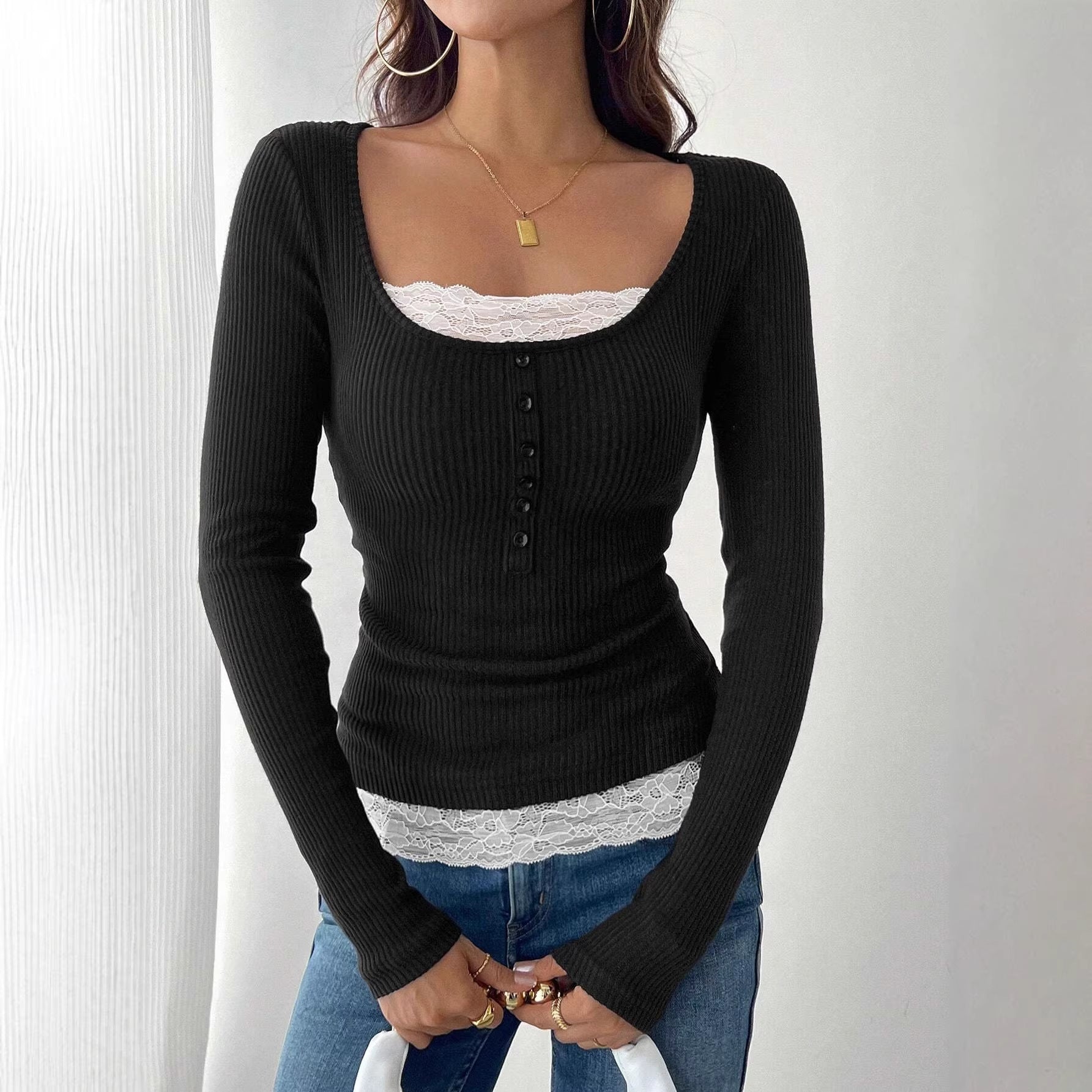 Women’s ribbed top with deep scoop neckline, decorative button placket and lace insert Chichicherry