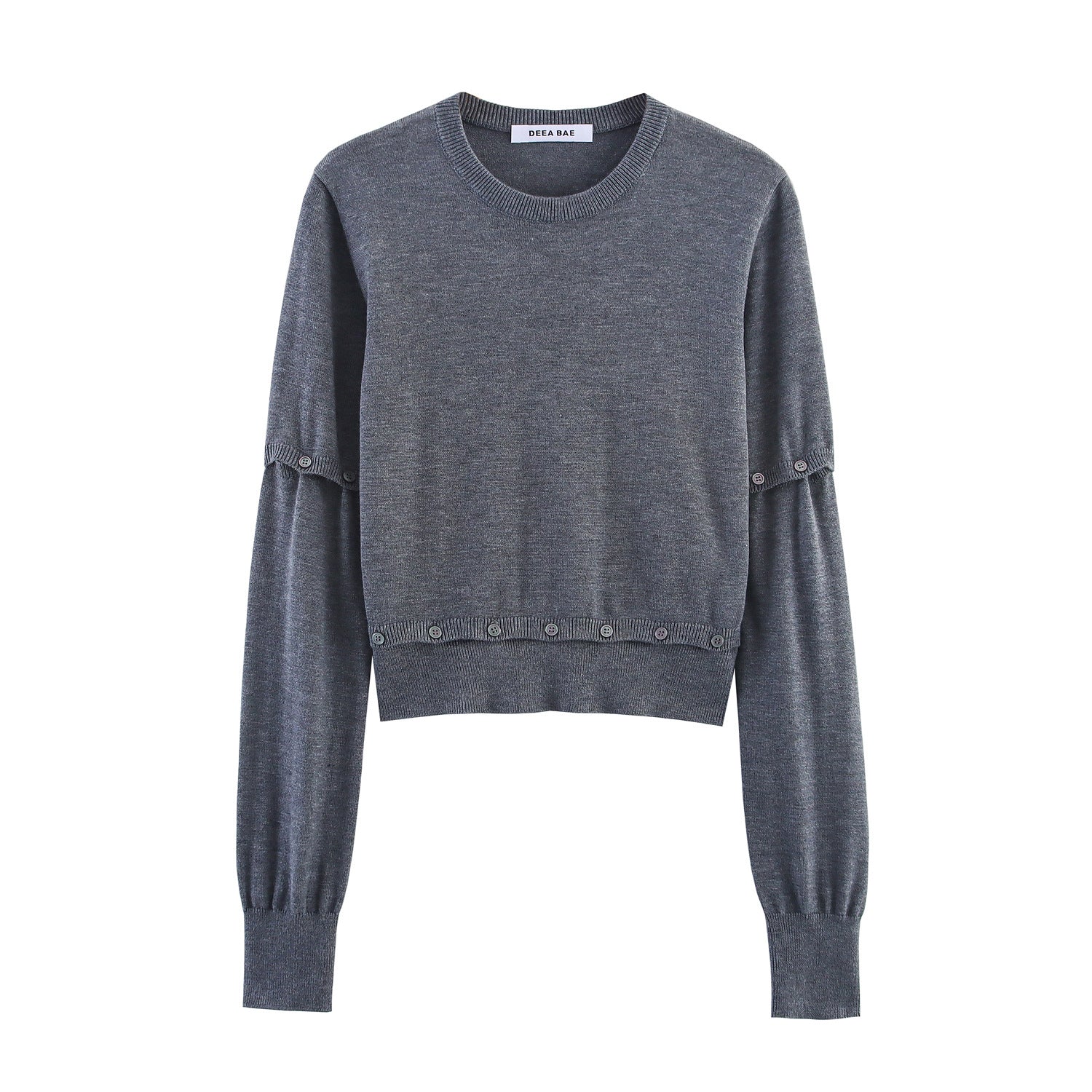 Women's Short Fine Knit Sweater with Balloon Sleeves and Decorative Button Waist Chichicherry