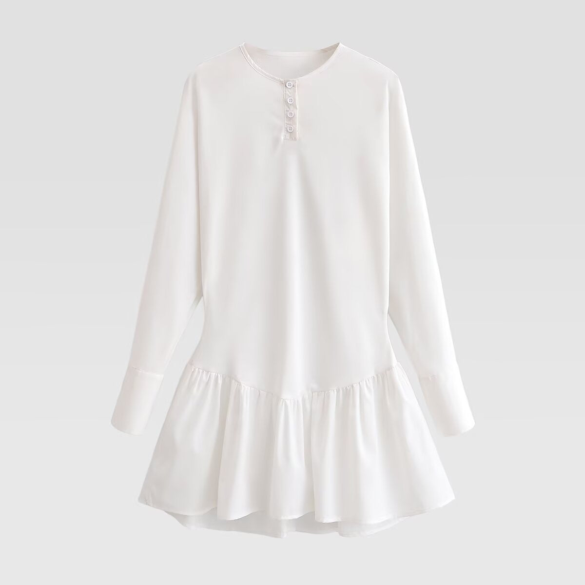 Women Loose Long Sleeve Tunic Dress with Henley Button Placket and Tiered Skirt Chichicherry