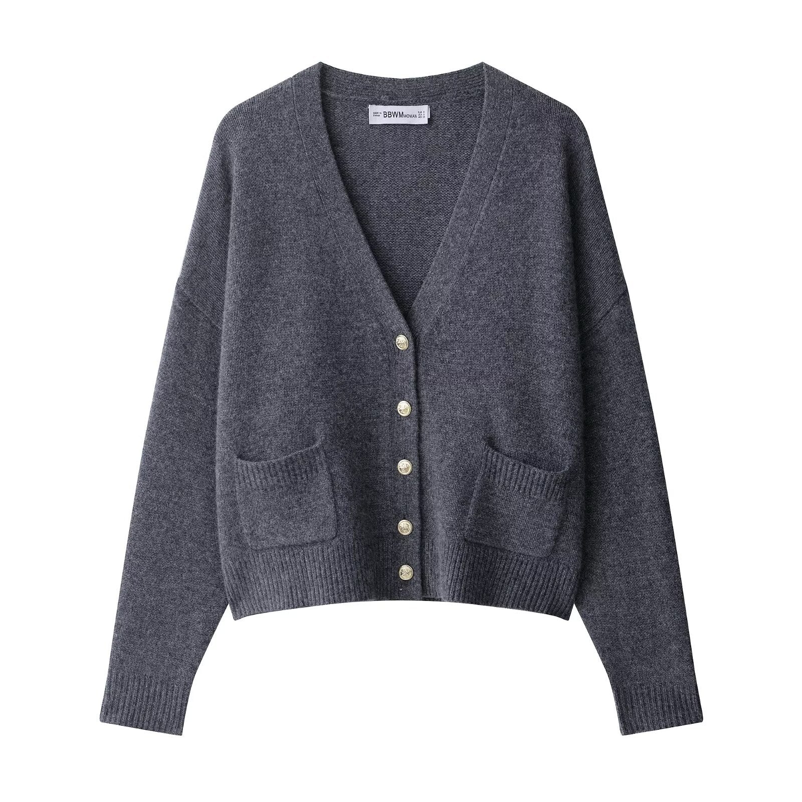 Women's Plus Size Wool Blend Cardigan with V-Neck, Gold Decorative Buttons and Flap Pockets Chichicherry