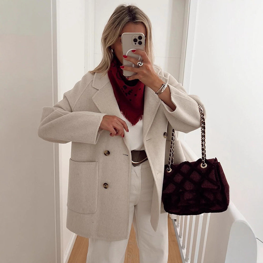 Women's Boxy Wool Blend Cocoon Jacket with Double-Breasted Button Placket and Wide Lapels Chichicherry