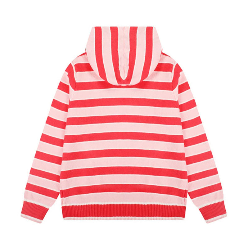 Women's hooded cardigan with full zip, striped texture, and Chichicherry embroidery detail