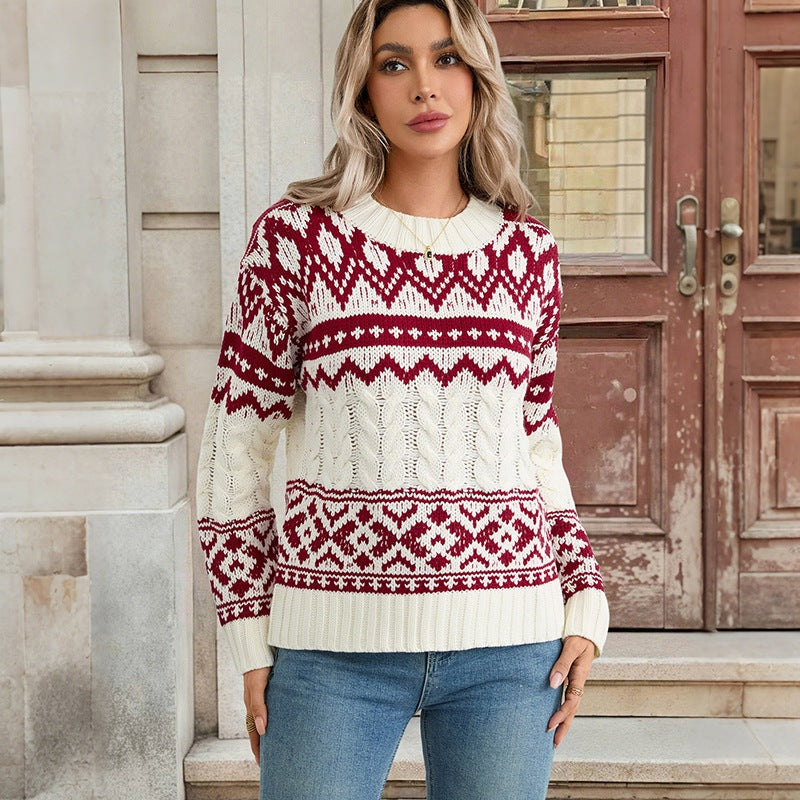 Women’s Patterned Norwegian Sweater with Cable Knit and Ribbed Cuffs Chichicherry